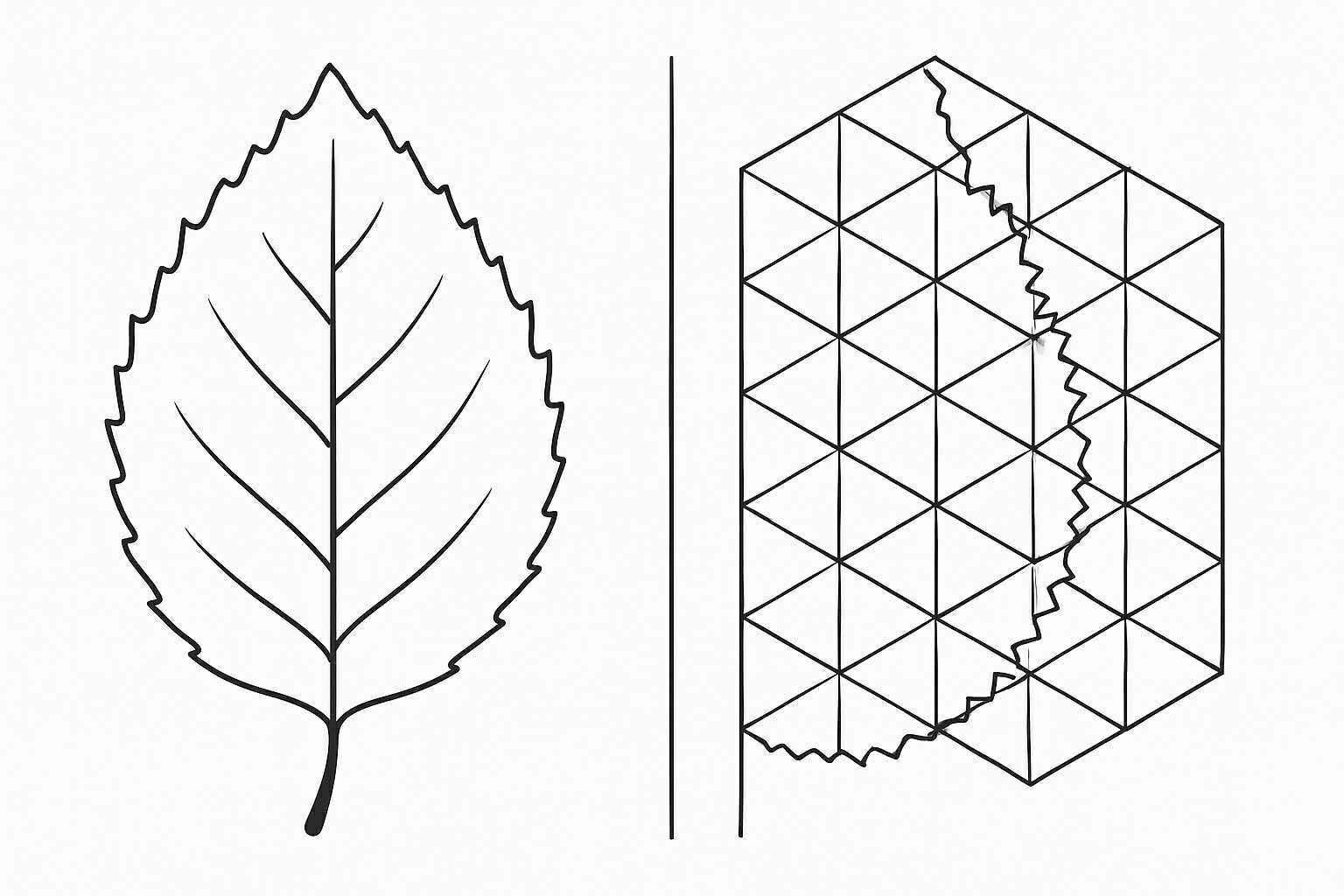 Jagged-edged leaf compared with a triangle-subdivided hex lattice