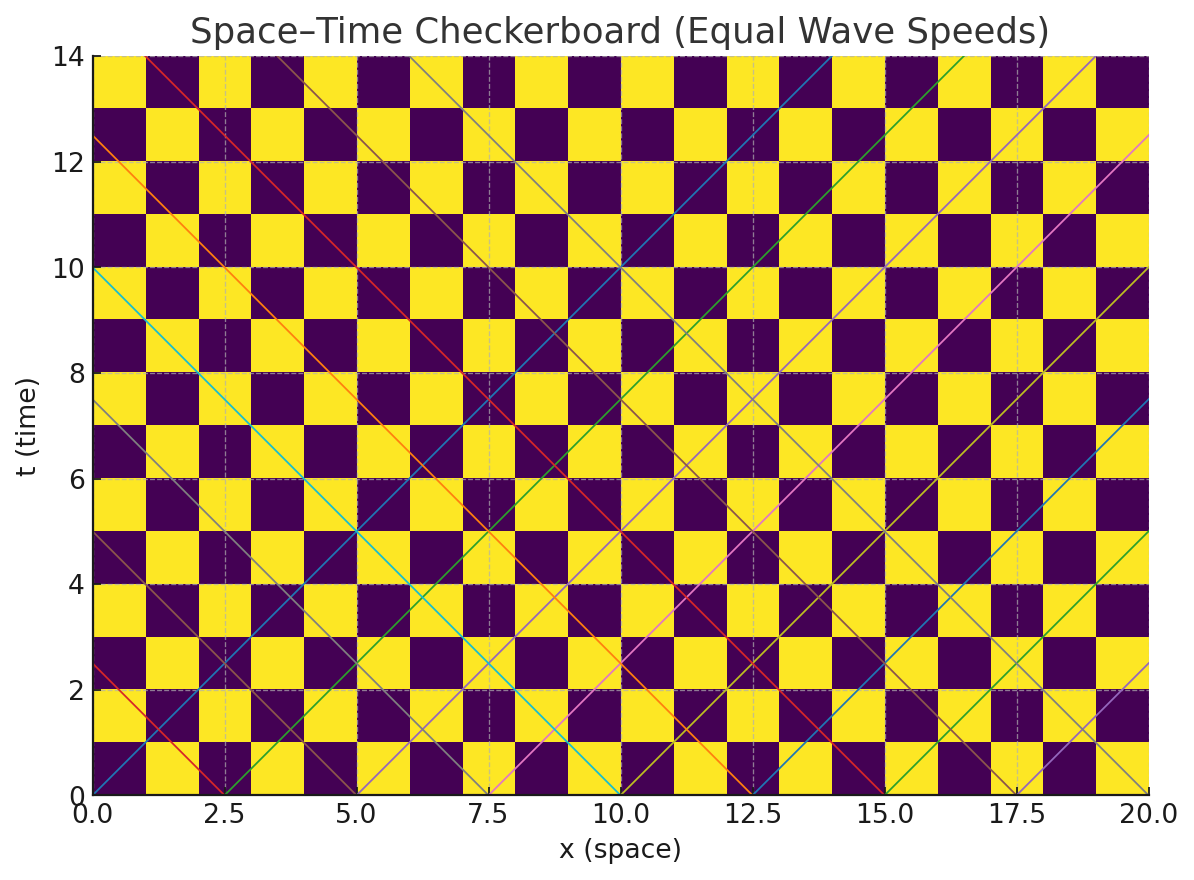 Differentiat-seeded checkerboard resonance lattice illustrating stable field patterns and spacetime curvature